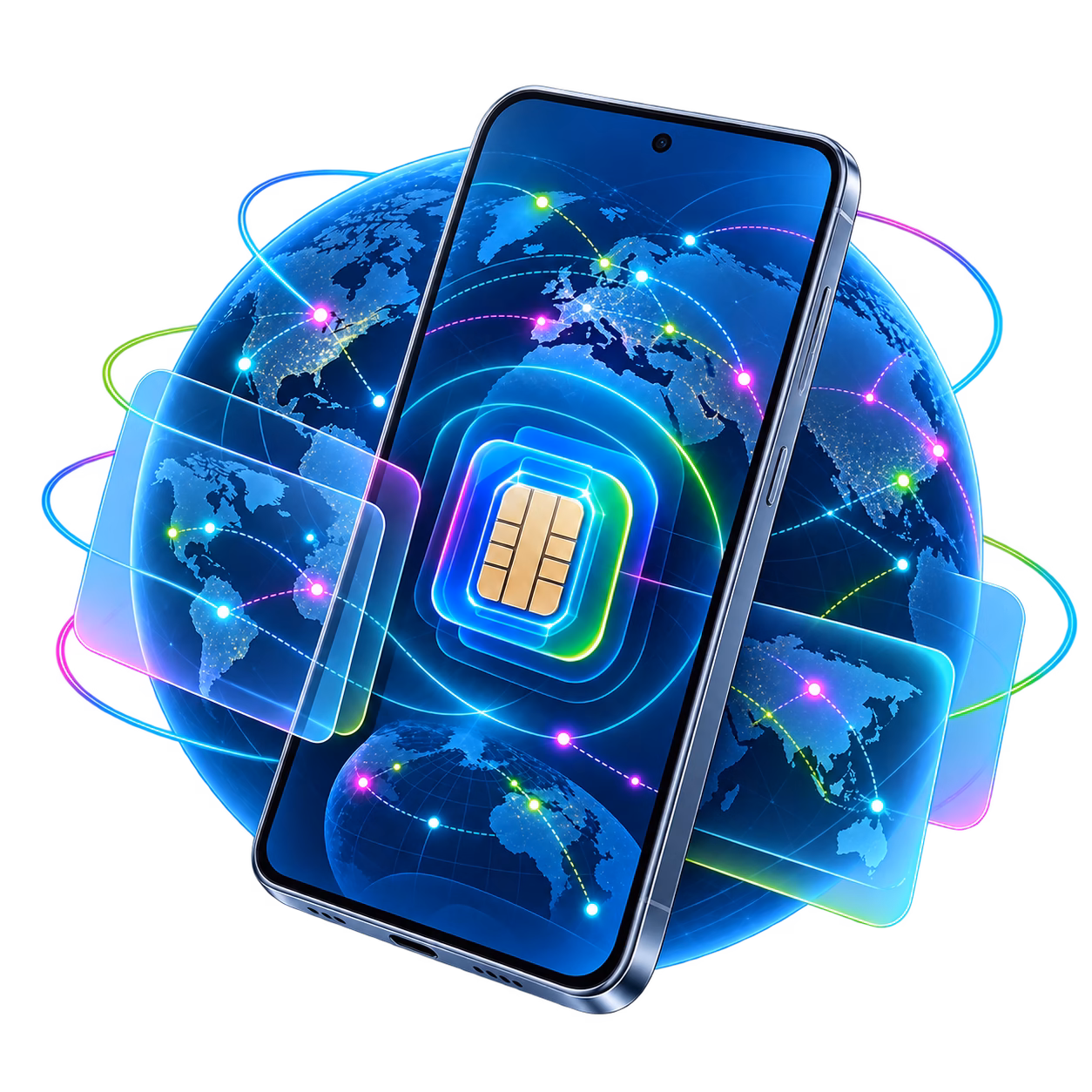 Modern eSIM phone connected across the globe in CMM cyan, magenta, green and navy
